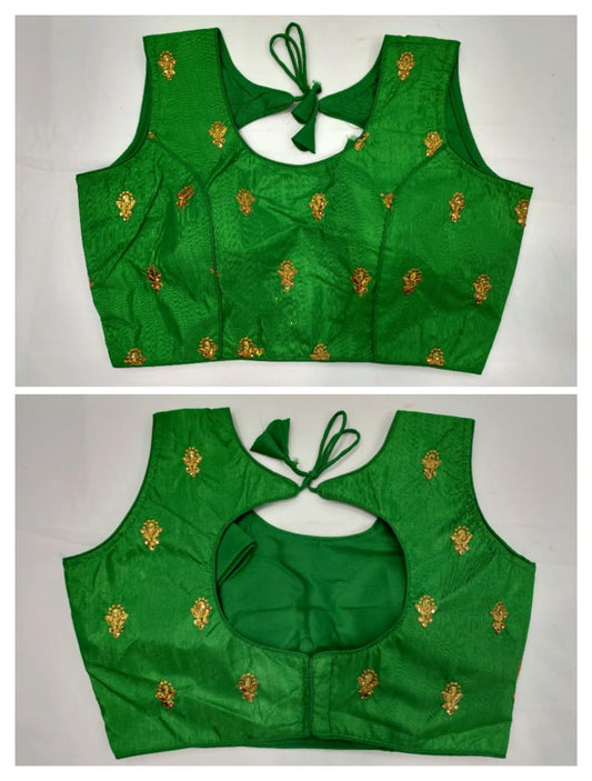 Fab Green Fantam With Ready Made Golden Work Blouse for Party Wear