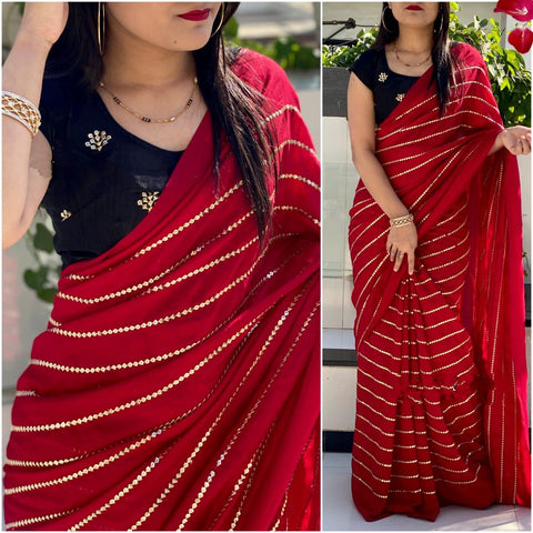 Pretty Dark Blue & Red Georgette With Embroidered Work Designer Saree Online