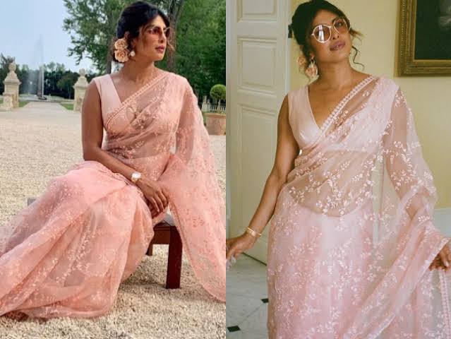 Sensational Peach Nylon Mono Net With Thread Work Designer Saree Online