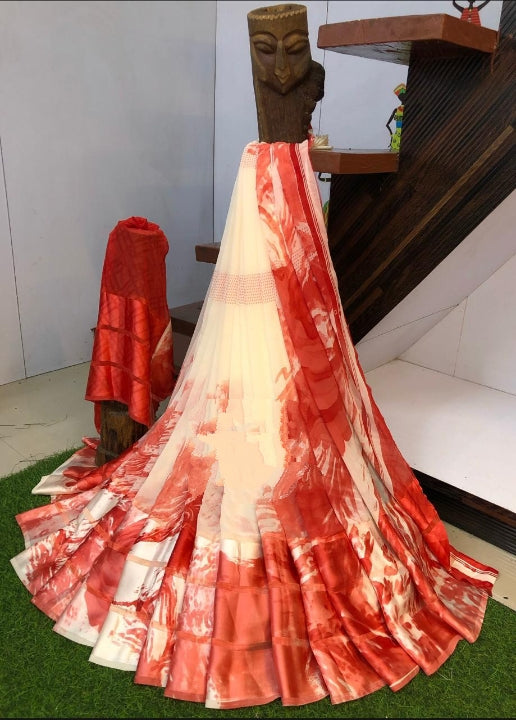 Ravishing Cream & Red Sartin Patta Border With Digital Printed Designer Saree Online