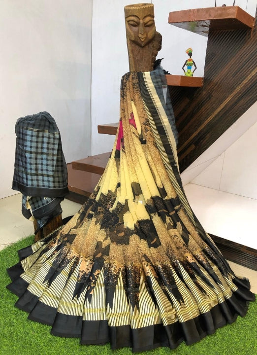 Dazzling Yellow & Black Geometrical Digital Printed With Sartin Patta Designer Saree Online