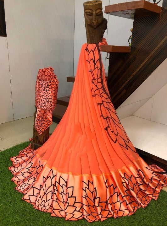 Devastating Orange Sartin Patta Border With Digital Printed Designer Saree Online