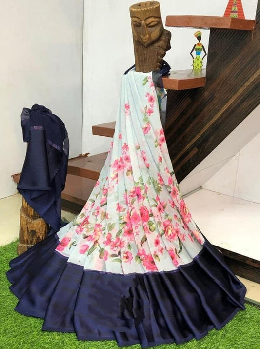 Wonderful Navy Blue & Sea Green Sartin Patta Border Digital Printed Designer Saree Online