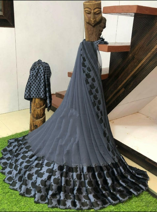 Magnificent Grey Sartin Patta Border With Digital Printed Designer Saree Online