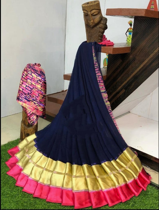 Glorious Navy Blue Sartin Patta Border Digital Printed Designer Saree Online