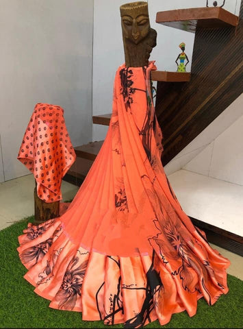 Bewitching Orange & Black Digital Printed Sartin Patta Border Designer Saree Online