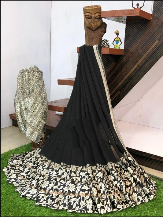 Charming Black Digital Printed Sartin Patta Border Designer Saree Online