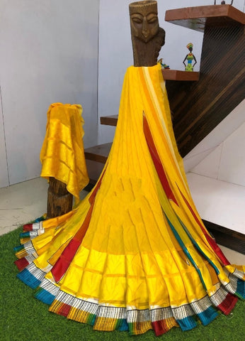 Alluring Yellow Digital Printed Sartin Patta Border Designer Saree Online