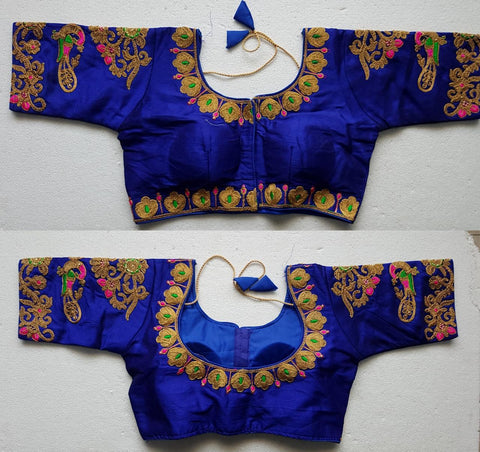 Amazing Royal Blue Silk With Thread Work Ready Made Blouse