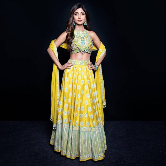 Astonishing Yellow Taffeta Silk With Digital Print Lehenga Choli Design Online