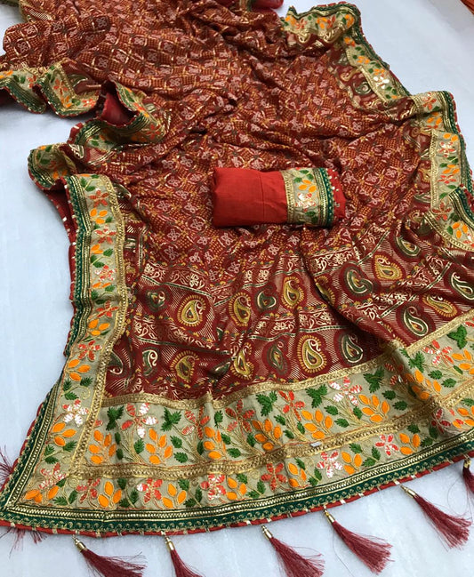 Phenomenal Maroon Georgette Bandhani With Print Mil Foil Work Designer Saree Online