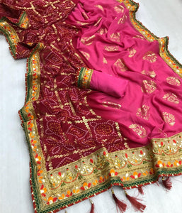 Splendid Pink Bandhani Georgette With Print Mil Foil Work Designer Saree Online