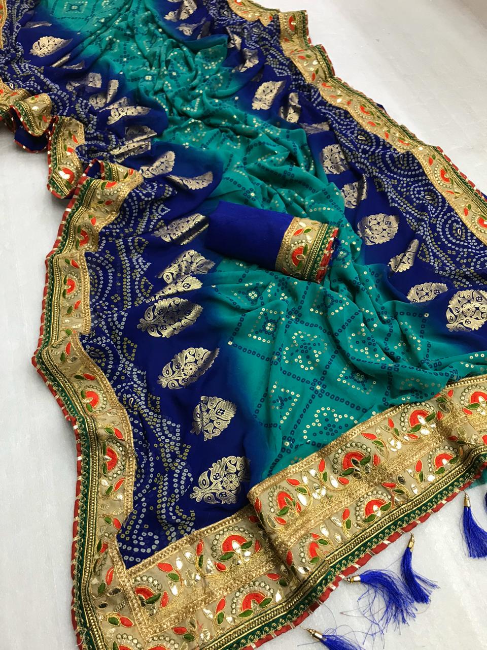 Breathtaking Royal Blue Georgette Bandhani Print Mil Foil Work Designer Saree Online