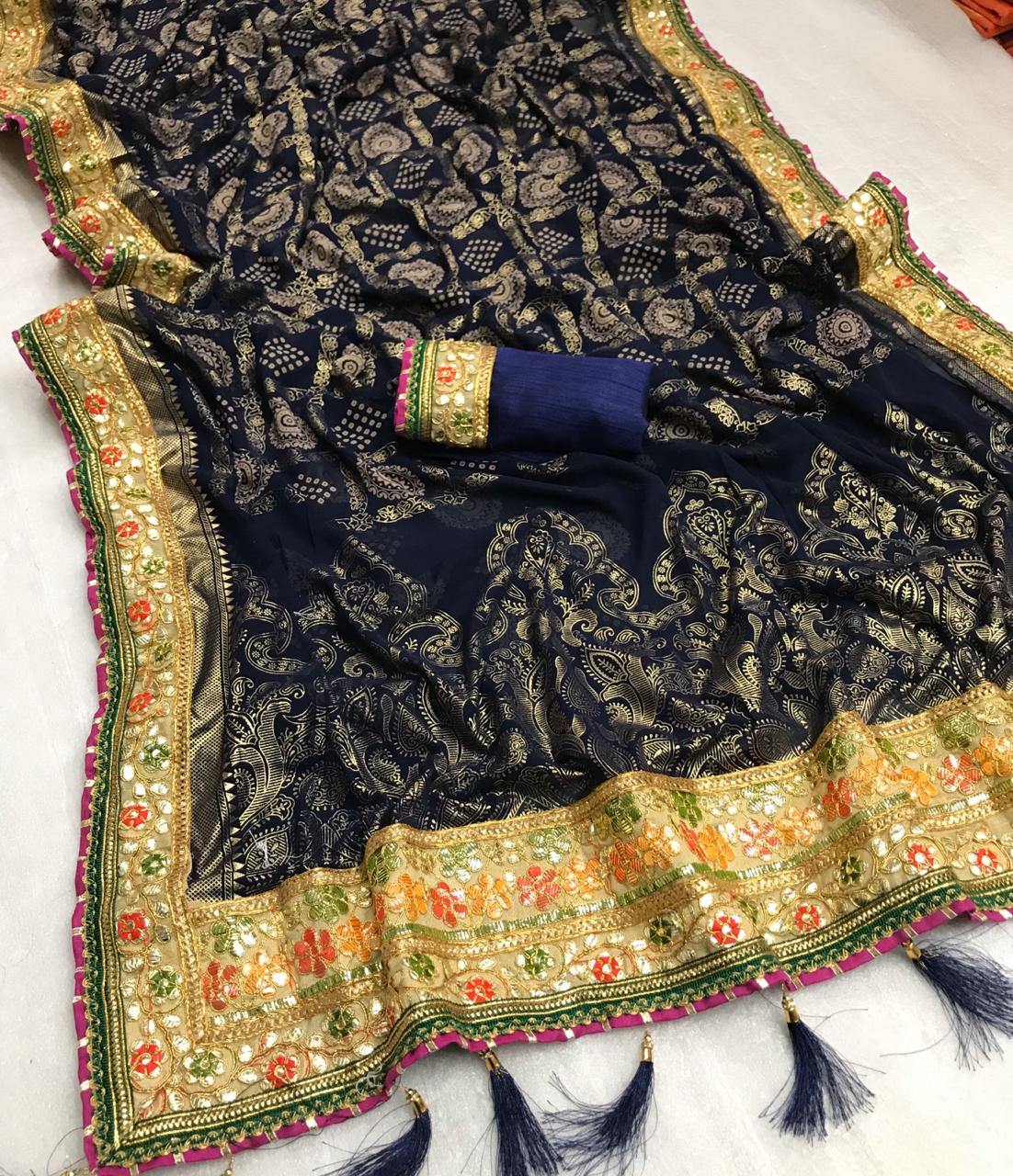 Fabulous Navy Blue Georgette Bandhani Print Mil Foil Work Designer Saree Online