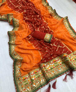 Pretty Maroon & Orange Georgette Bandhani Foil Work Designer Saree Online