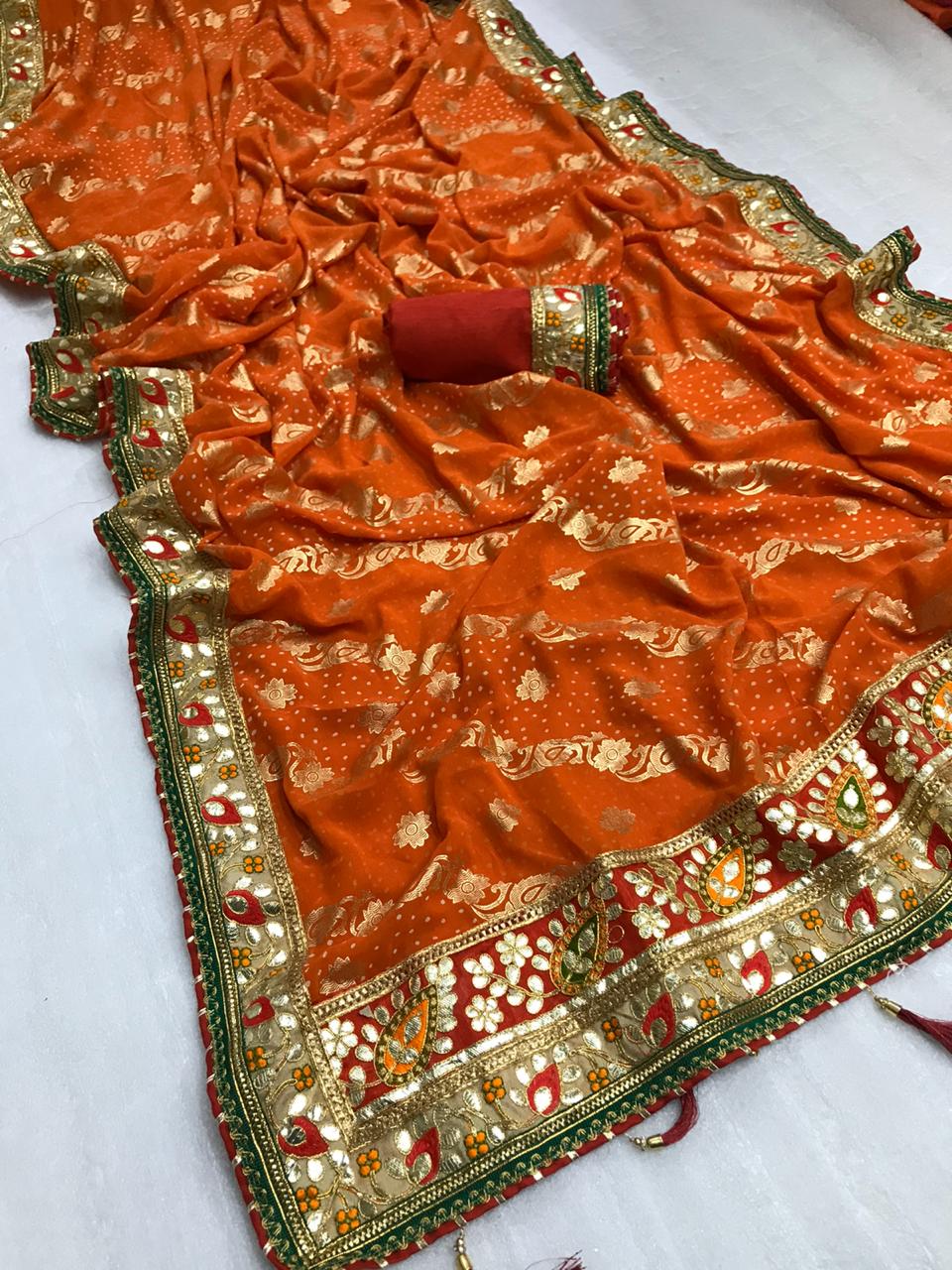 Sensational Orange Bandhani Georgette Print Foil Work Designer Saree Online
