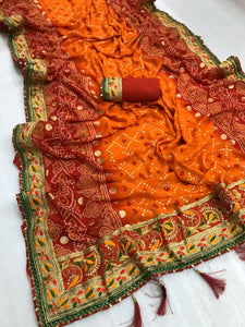 Radiant Orange & Maroon Bandhani Georgette Print Foil Work Designer Saree Online