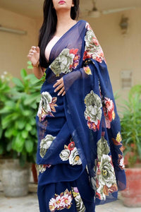 Ravishing Blue Colored Georgette With Printed Designer Saree Online