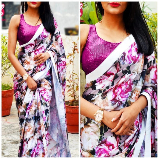Striking Rani & White Georgette With Printed Designer Saree Online