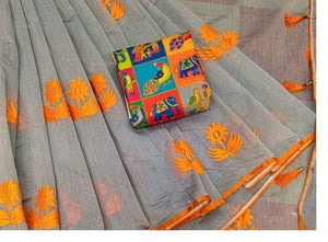 Wonderful Grey & Orange Chanderi Cotton With Zari Work Designer Saree Online