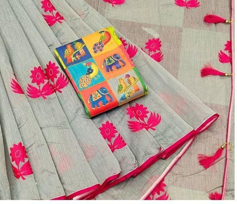 Magnificent Pink & Grey Chanderi Cotton With Zari Work Designer Saree Online