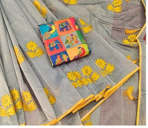 Glorious Grey & Yellow Chanderi Cotton With Zari Work Designer Saree Online