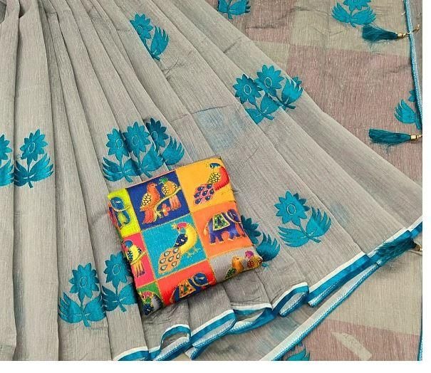 Captivating Grey & Sky Blue Chanderi Cotton With Zari Work Designer Saree Online
