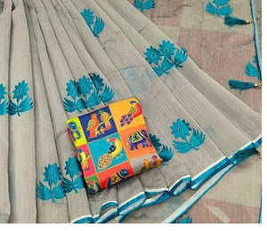 Captivating Grey & Sky Blue Chanderi Cotton With Zari Work Designer Saree Online