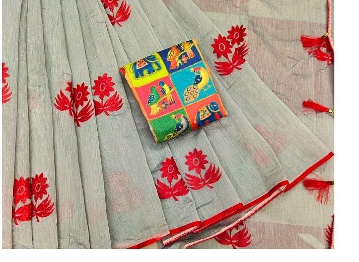 Bewitching Grey & Red Chanderi Cotton With Zari Work Designer Saree Online