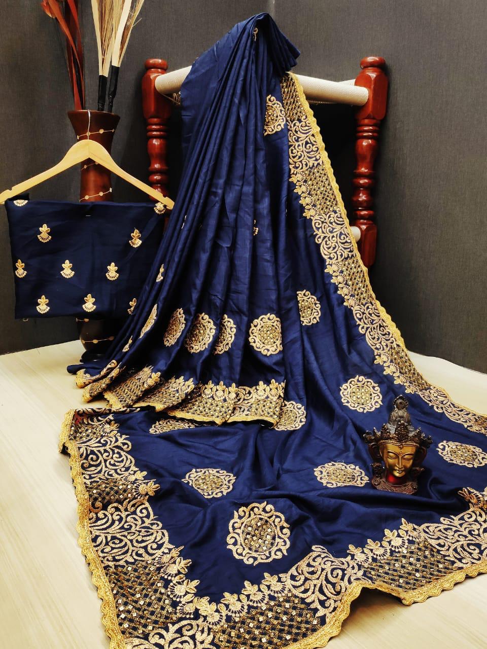 Bootylicious Blue Silk With Thread Embroidered Diamond Work Designer Saree Online
