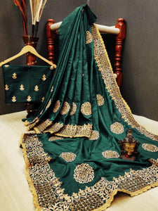 Beauteous Dark Green Silk With Diamond Thread Embroidered Work Designer Saree Online