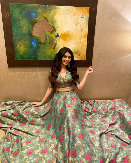 Amazing Green Golden Zari Silk Fully Stitched & Digital Print Lehenga Choli Design Online