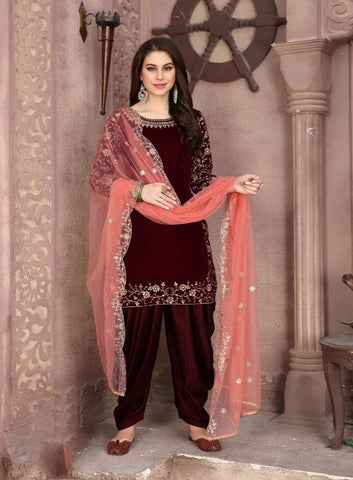 Marvellous Maroon Velvet With Embroidered Work Salwar Suit