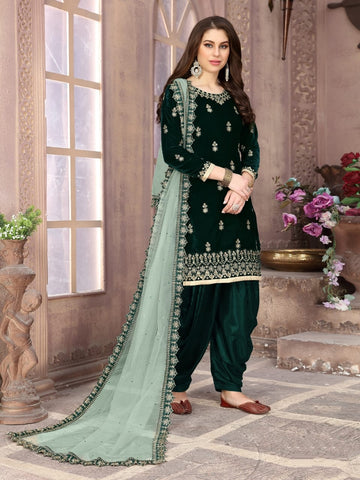 Phenomenal Dark Green Designer Velvet With Embroidered Work Salwar Suit