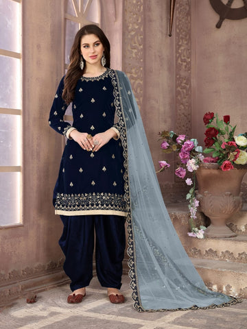 Splendid Blue Velvet With Embroidered Work Salwar Suit