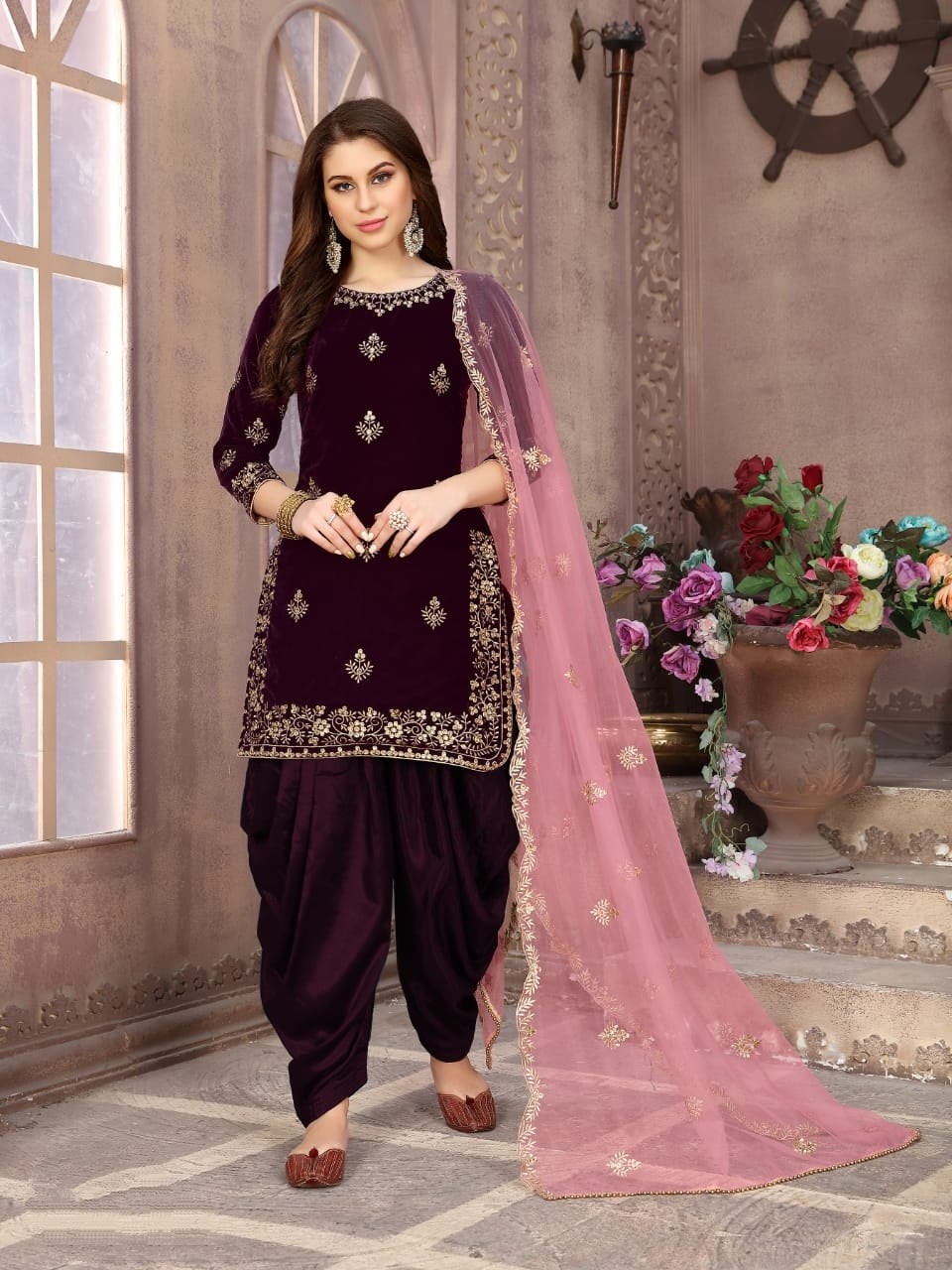Imposing Wine Velvet With Embroidered Work Salwar Suit
