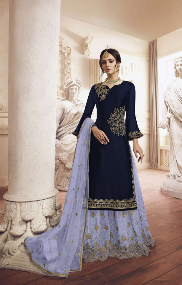 Mind-Blowing Navy Blue Rangoli With Embroidered Work Plazo Salwar Suit