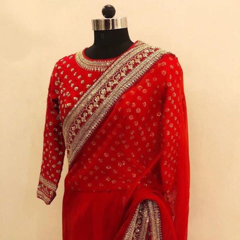 Pretty Red Georgette With Embroidered Work Designer Fancy Saree Online