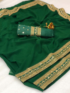 Sensational Dark Green Georgette With Embroidered Work Designer Fancy Saree Online