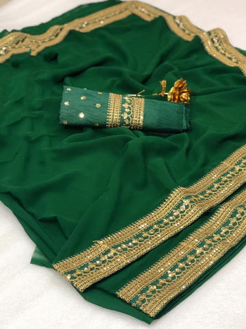 Sensational Dark Green Georgette With Embroidered Work Designer Fancy Saree Online