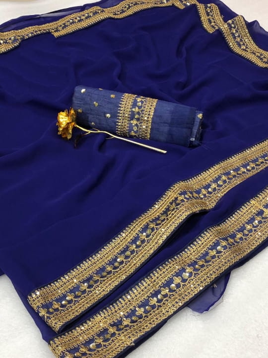 Ravishing Royal Blue Georgette With Embroidered Work Designer Fancy Saree Online