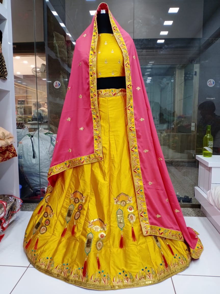 Striking Yellow Silk Satin With Embroidered Work New Lehenga Choli Design Online