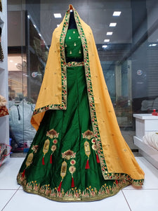 Dazzling Green Satin Silk With Embroidered Work New Lehenga Choli Design Online