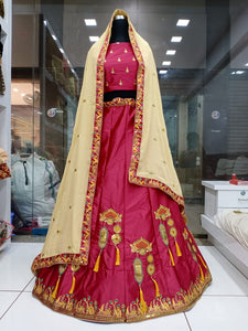 Wonderful Rani Colored Satin Silk With Embroidered Work New Lehenga Choli Design Online