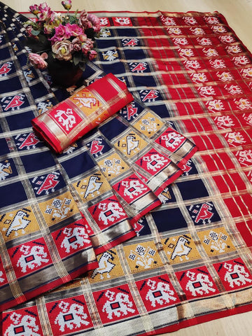 Sensational Red & Blue Banarasi Patola With Zari Rich Pallu Designer Fancy Saree Online