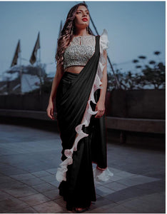 Bewitching Black Silk With Ruffle & Sequence Lace Designer Fancy Saree Online