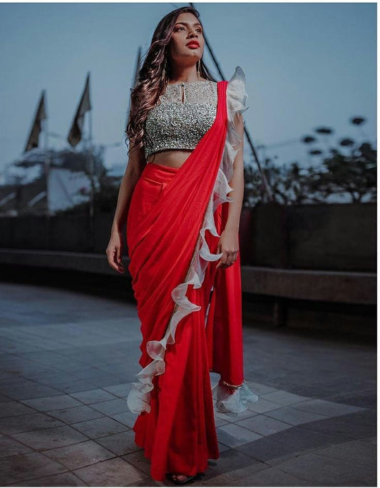 Charming Red Silk With Ruffle Sequence Lace Designer Fancy Saree Online