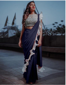 Alluring Navy Blue Silk With Sequence Lace Ruffle Designer Fancy Saree Online