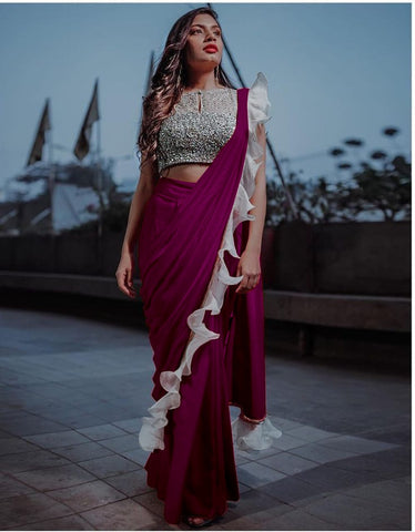 Exquisite Wonderful Wine Colored Silk Ruffle With Sequence Lace Designer Fancy Saree Online