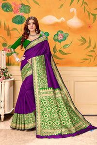 Amazeballs Purple & Green Banarasi Kota Silk Wedding Wear Designer Fancy Saree Online
